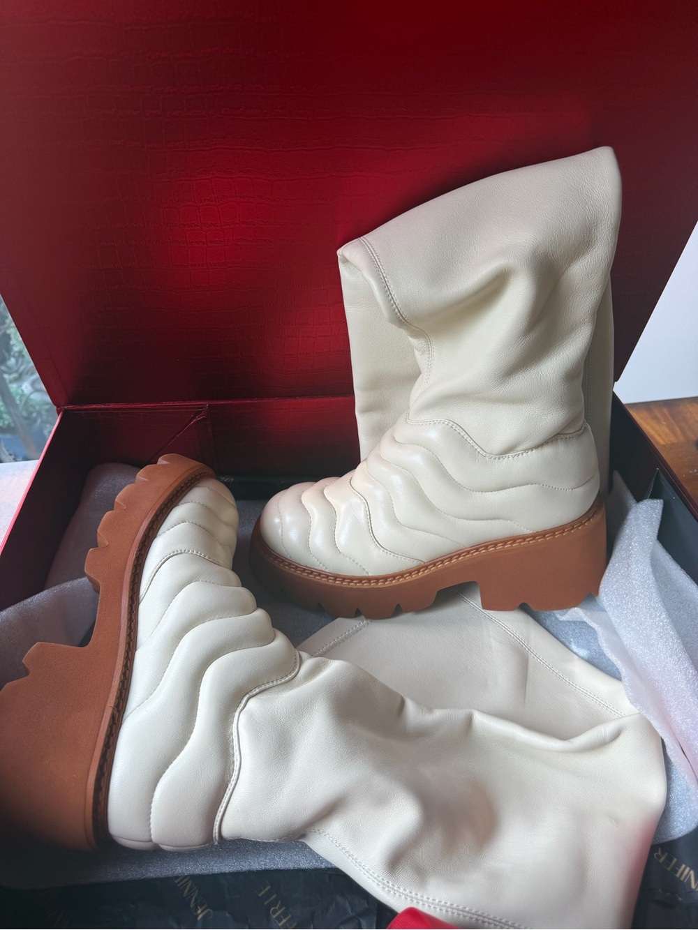 Womens Cream Quilted Platform Heeled Boots with Brown Lug Sole
